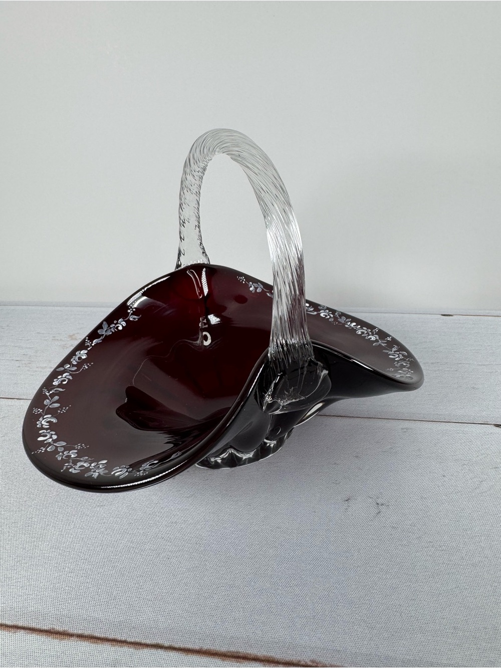Fenton Cranberry Glass Basket Artist Signed Cynthia McAlpine 1995
